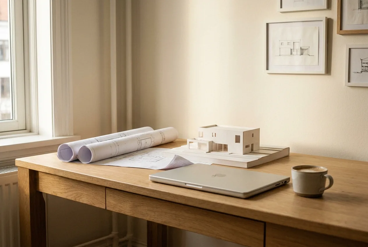 An architect's desk in warm window light — rolled drawings, a white architectural scale model, a closed laptop and a coffee, with framed project sketches on the wall