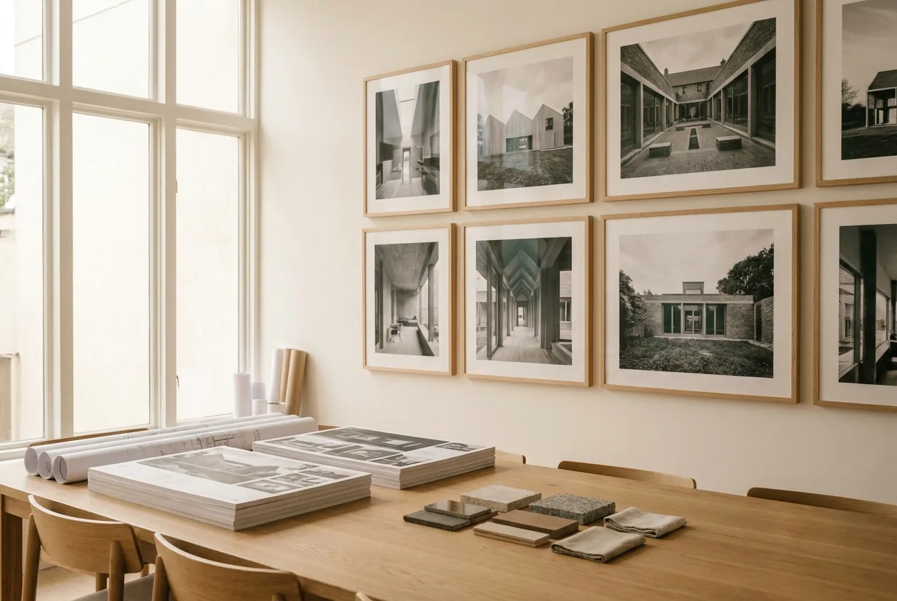 A bright design studio — framed architecture project photographs on the wall above an oak table with printed project boards and material samples
