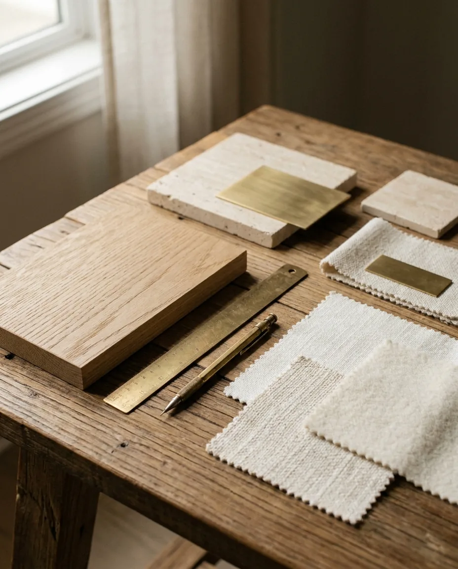 An interior designer's material palette on an oak table — travertine and stone samples, brushed brass, oak and linen swatches with a brass ruler and pencil in warm window light