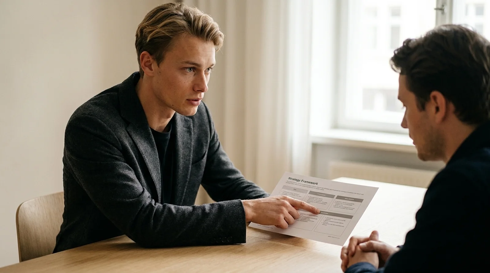 A business consultant presenting a printed strategy framework to a client across a table in a calm sunlit studio