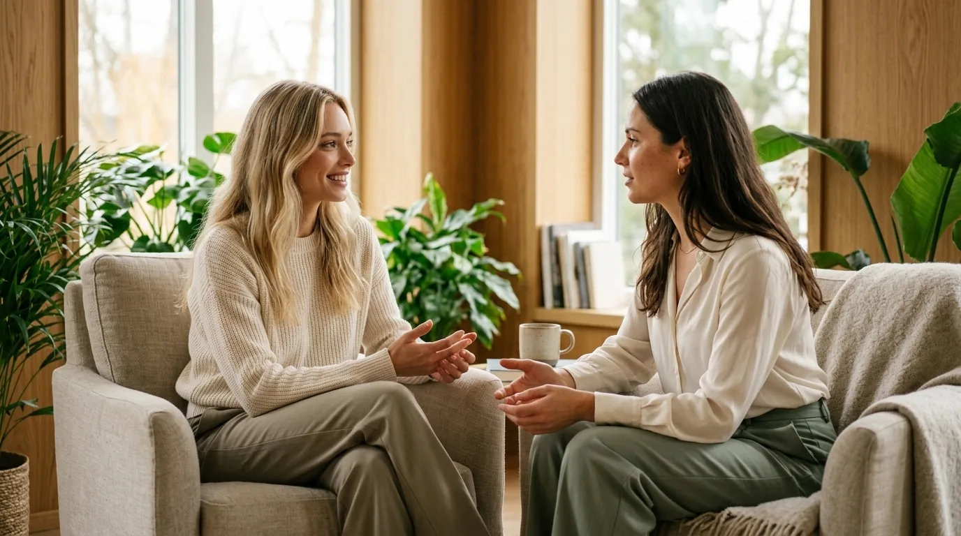 A coach in an encouraging one-to-one client session