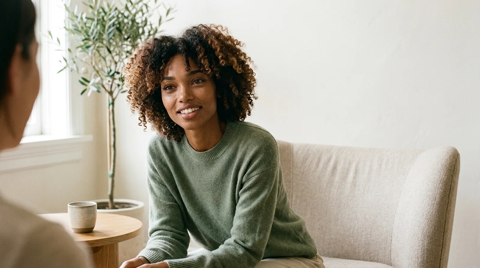 A warm life and business coach in a sage knit leaning into a relaxed conversation in a calm, sunlit space with plants