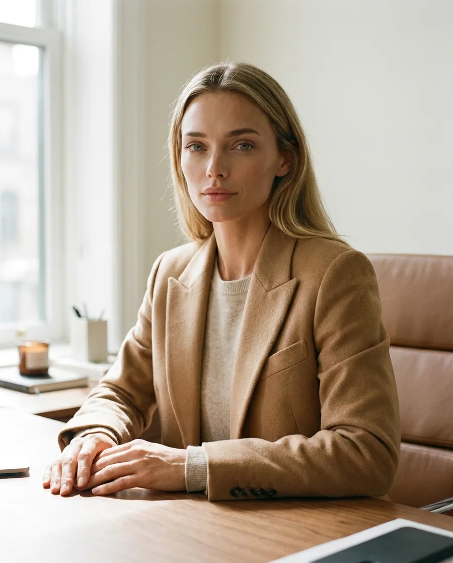 A composed management consultant, a calm confident portrait in a refined sunlit office