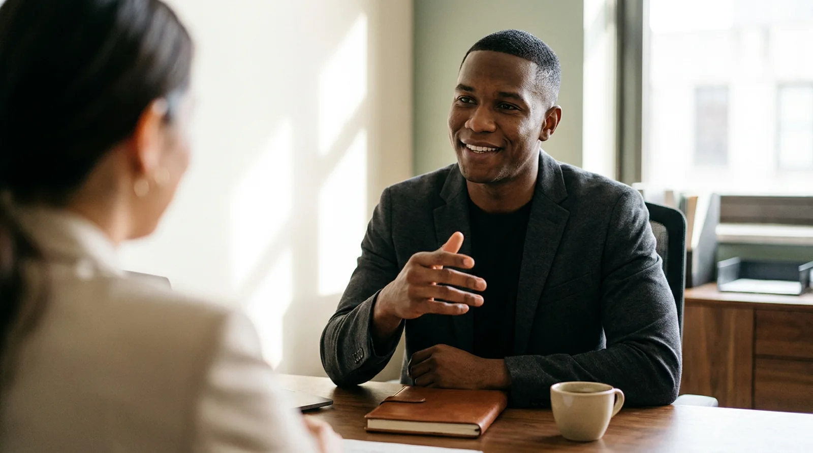 A management consultant in a warm, confident conversation with a client across a desk in a refined sunlit office