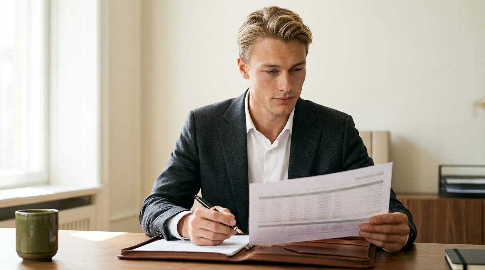 A composed financial advisor reviewing a printed financial plan with a fountain pen at a refined walnut desk in a calm, sunlit office