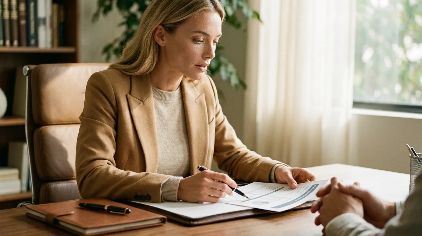 A financial adviser reviewing a printed financial plan with a client across a refined walnut desk in a calm office