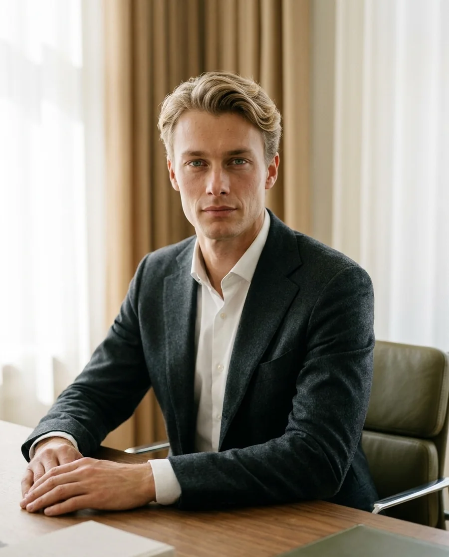 A composed financial adviser, a calm trustworthy portrait in a refined sunlit office