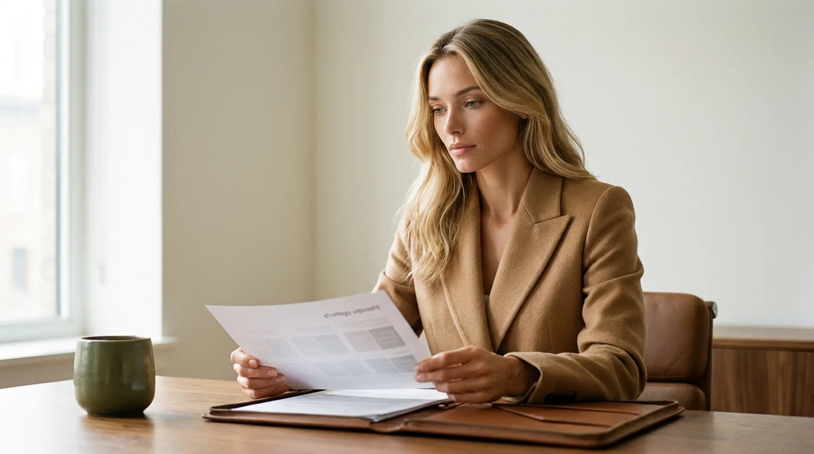 A management consultant reviewing a printed strategy document at a refined walnut desk in a calm, sunlit office