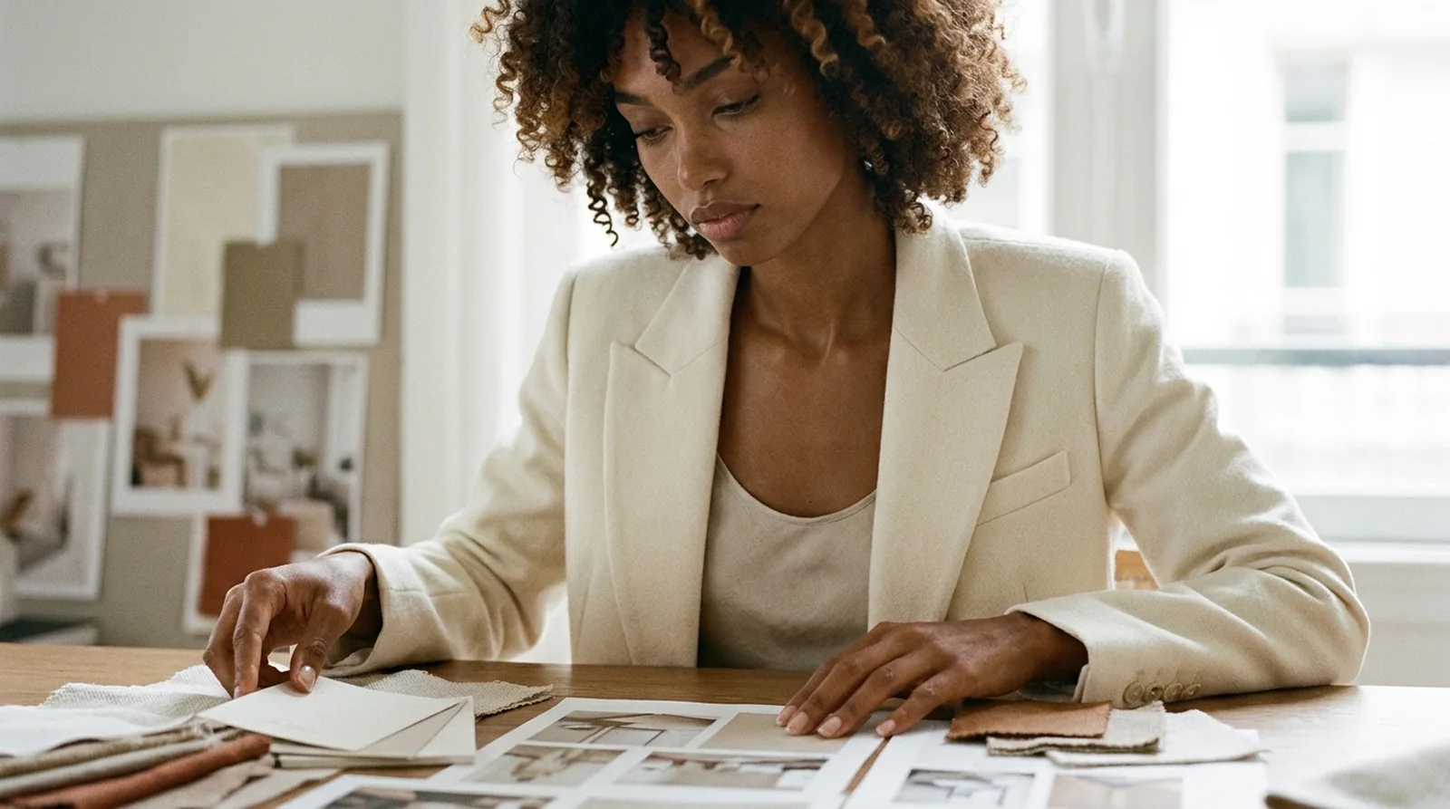A marketing consultant arranging brand materials and campaign layouts beside a mood board in a bright studio