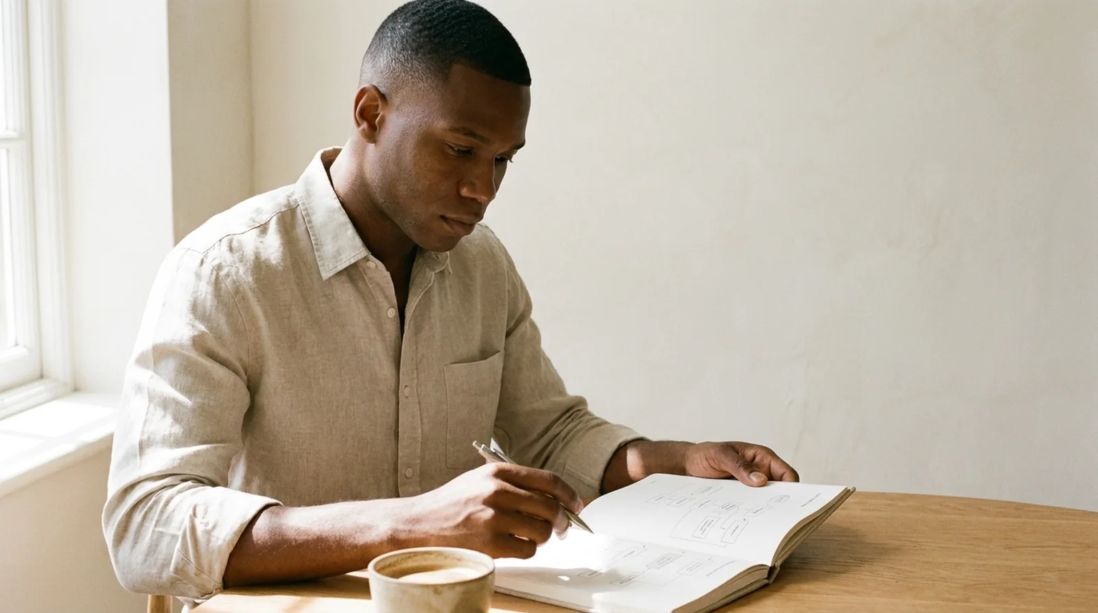 An operations and process consultant reviewing printed process diagrams and a notebook at a sunlit oak table