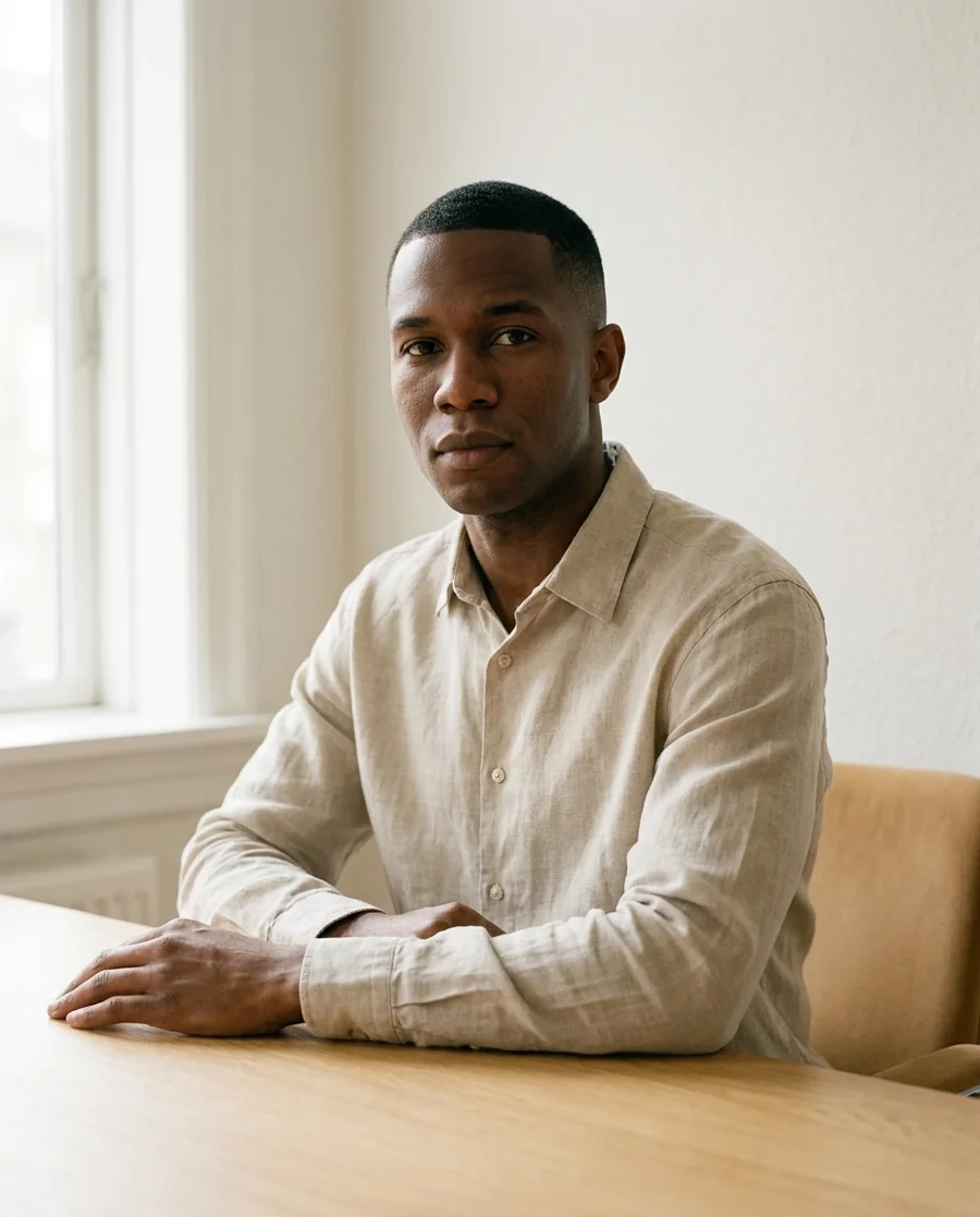 A composed operations consultant, a calm confident portrait at a sunlit oak desk