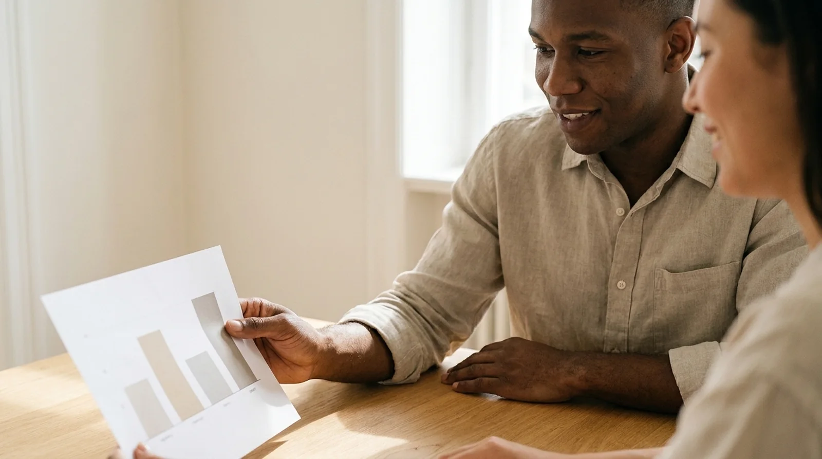 An operations consultant showing a printed before-and-after results chart to a client across a sunlit table