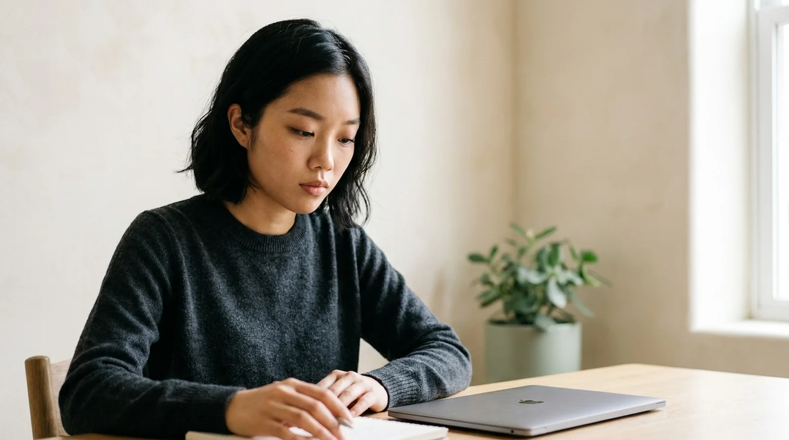 A technology consultant taking notes at a minimalist oak desk beside a closed laptop in a calm, sunlit room