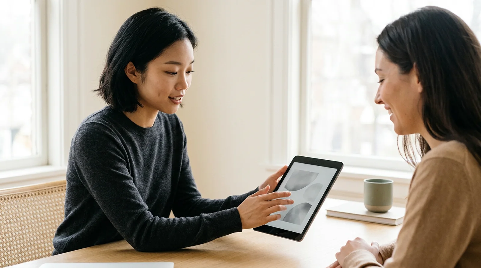 A technology consultant explaining a simple diagram on a tablet to a non-technical client in a calm sunlit room