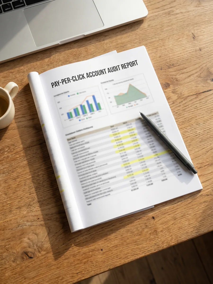 A printed Google Ads account audit, annotated line by line