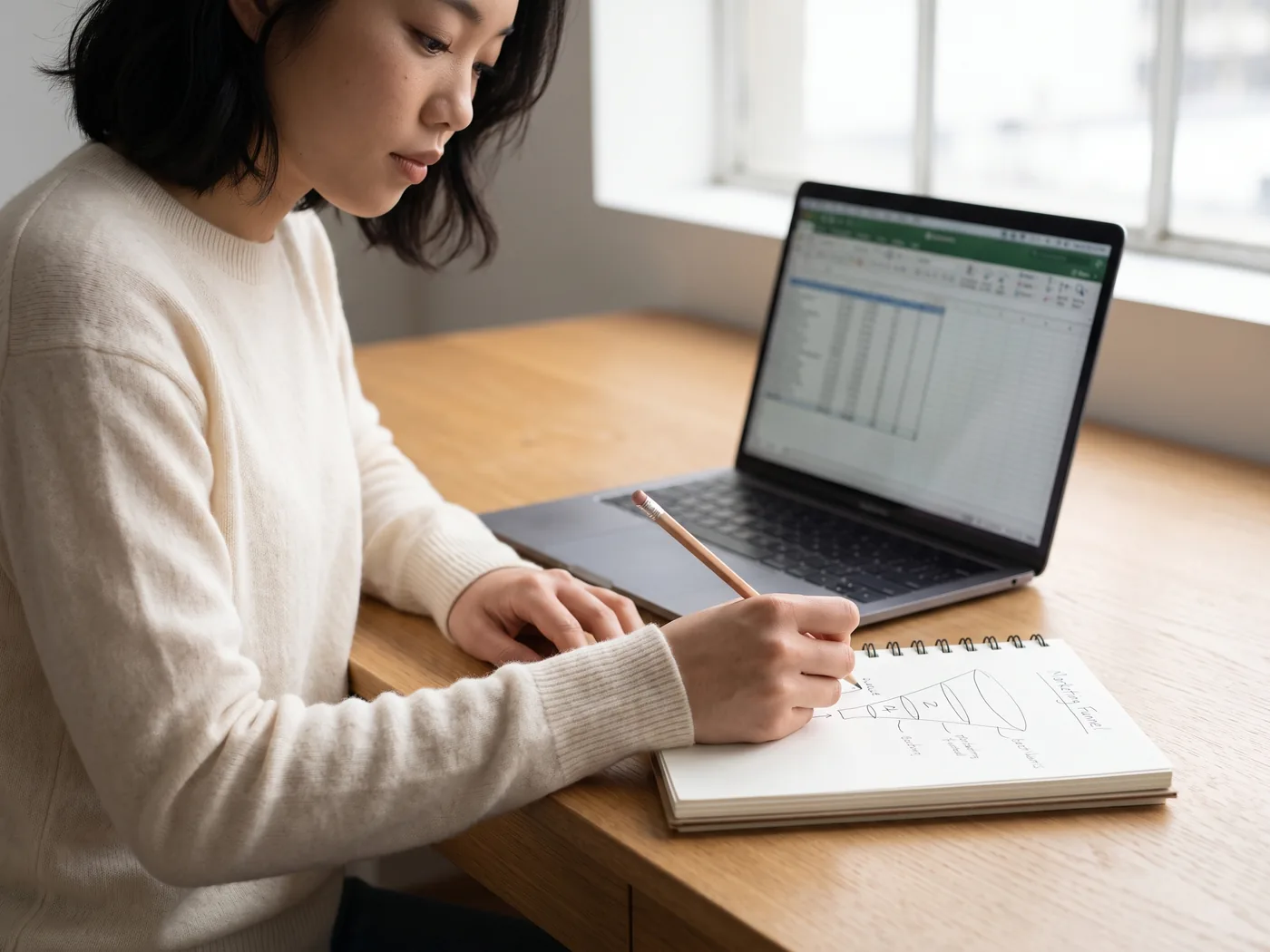 A consultant planning a Google Ads campaign at a warm oak desk