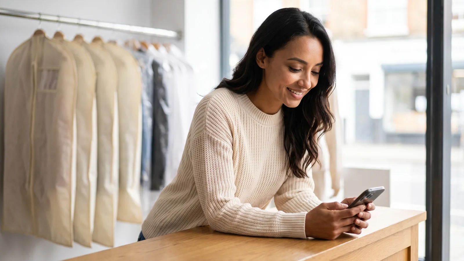 A dry-cleaning shop owner checking Google Ads enquiries at her counter