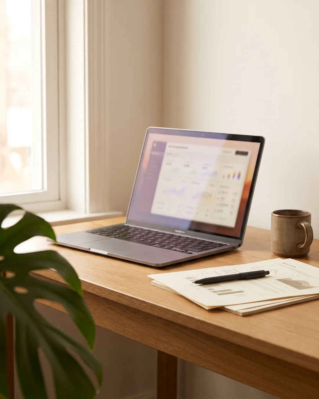 Google Ads performance dashboard and printed search-term reports on a desk