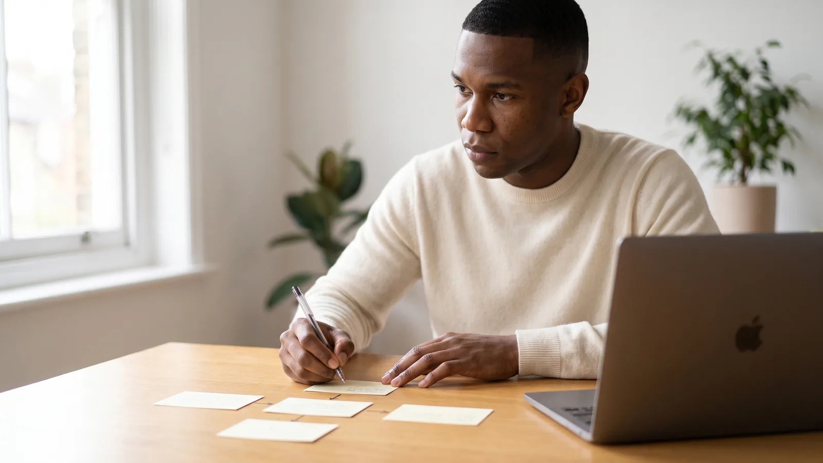 A strategist planning a website structure with page cards on an oak desk