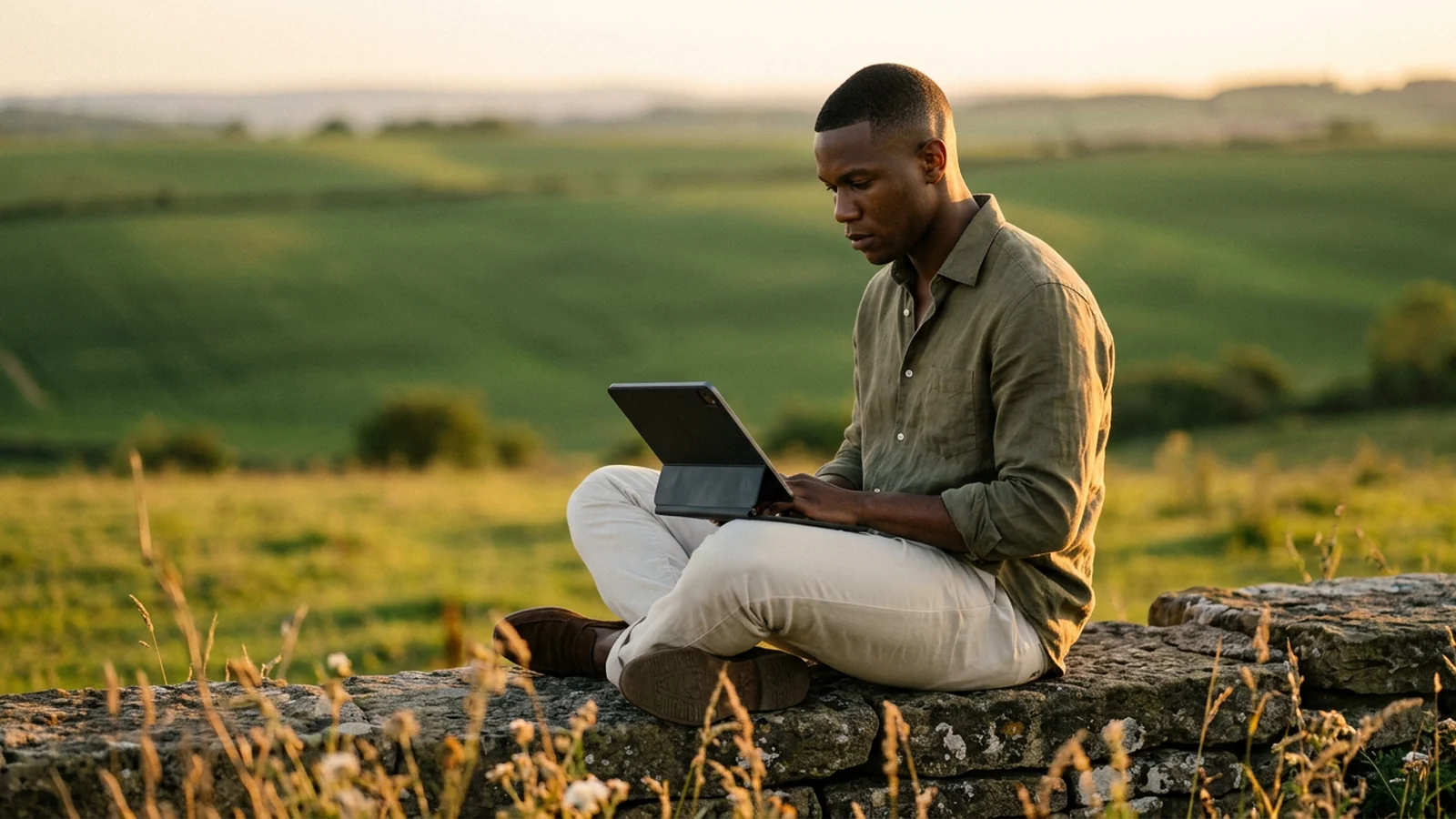 Website strategist reviewing a Squarespace project deliverables on a laptop outdoors — checking SEO foundations and page structure