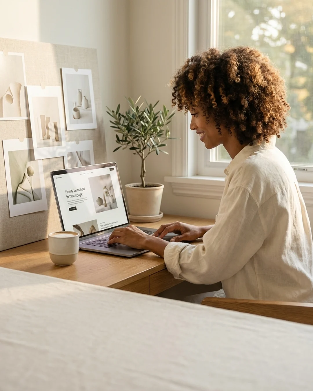 Business owner watching her new Squarespace website go live on a laptop