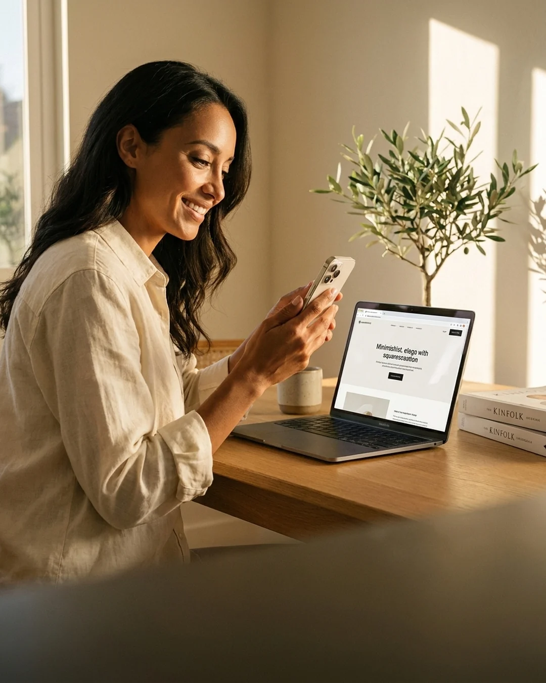 Business owner reviewing a Squarespace website on a phone and laptop in a sunlit room