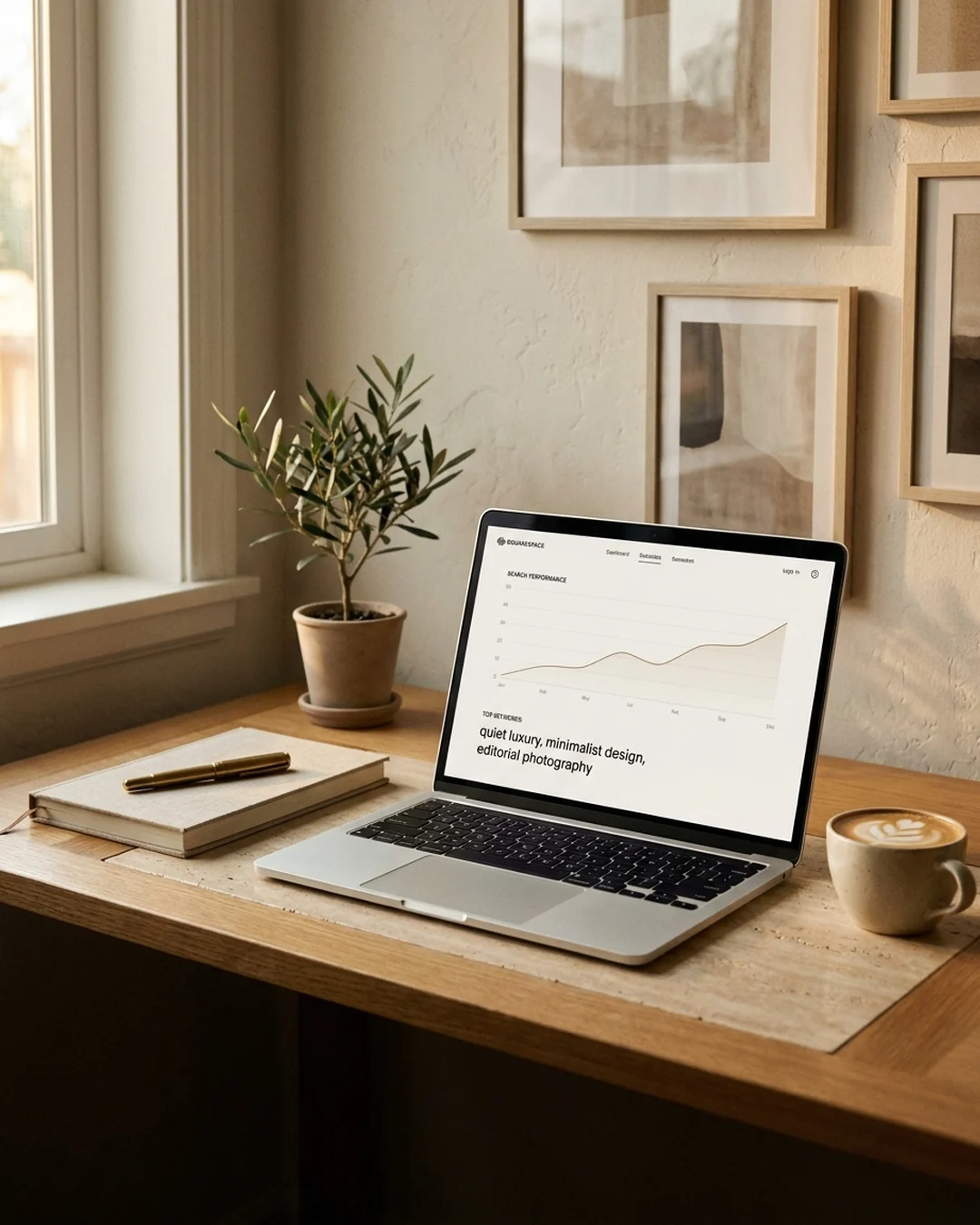 Laptop showing a Squarespace website with a search-performance panel on a warm desk