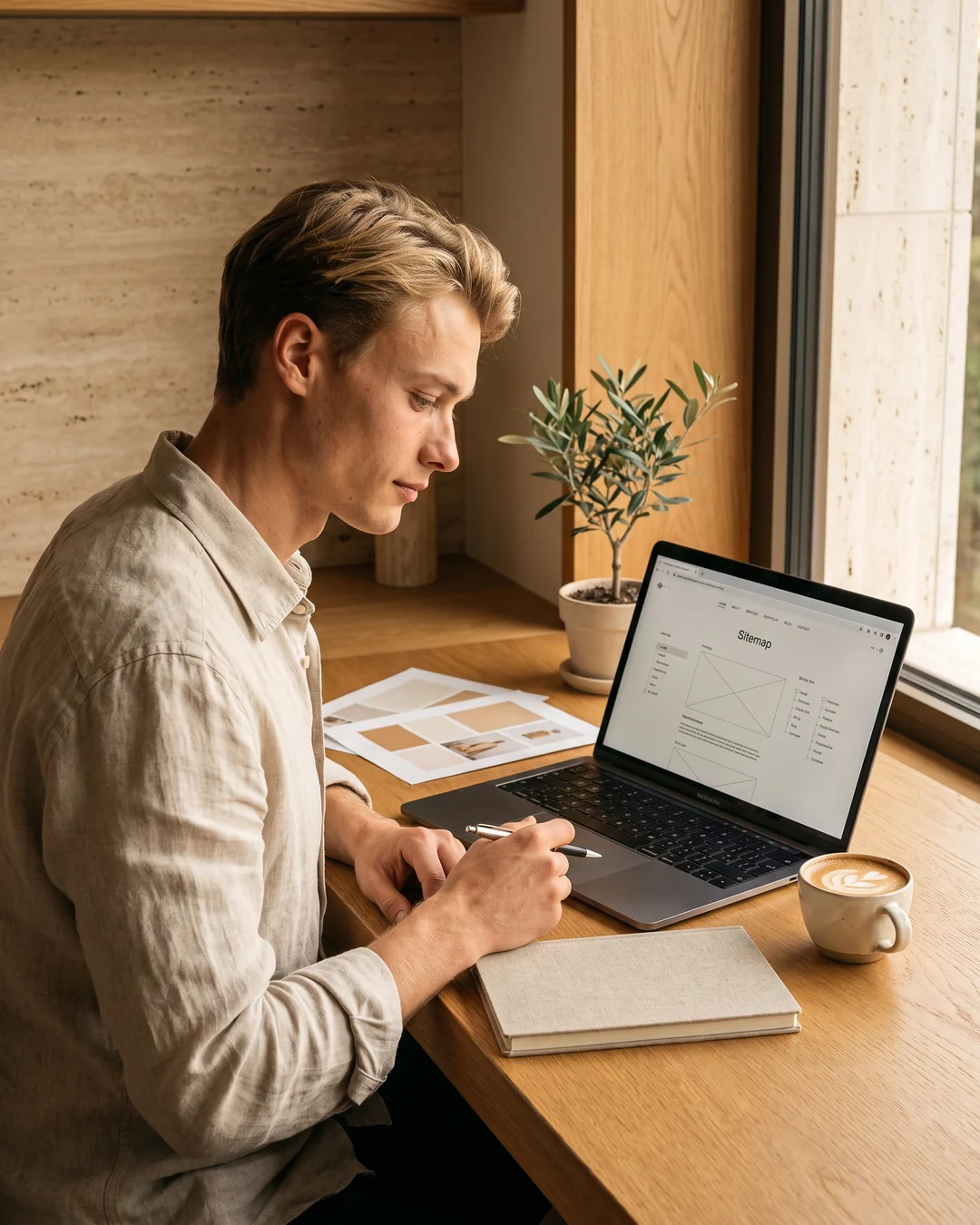 Squarespace designer planning a website’s structure and sitemap on a laptop at golden hour