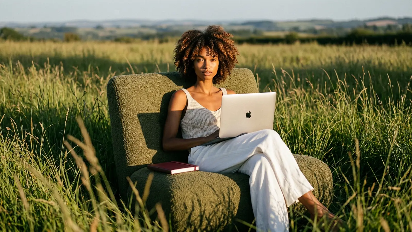 Founder reviewing Squarespace designer pricing options on a laptop in a sunlit outdoor setting