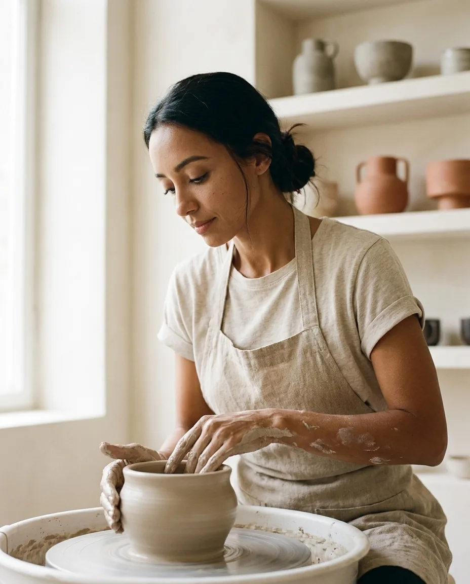 Ceramicist shaping clay at the wheel in a sunlit studio