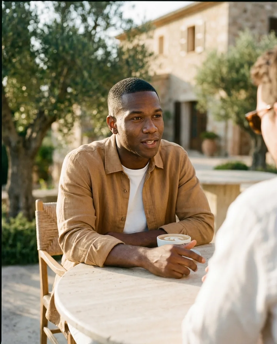 Business coach in conversation at a sunlit terrace cafe table at golden hour
