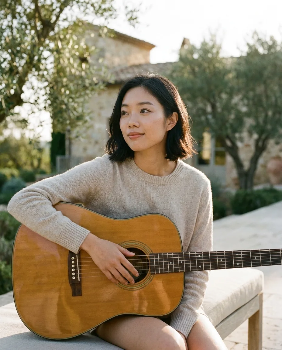 Musician with an acoustic guitar on a sunlit terrace at golden hour