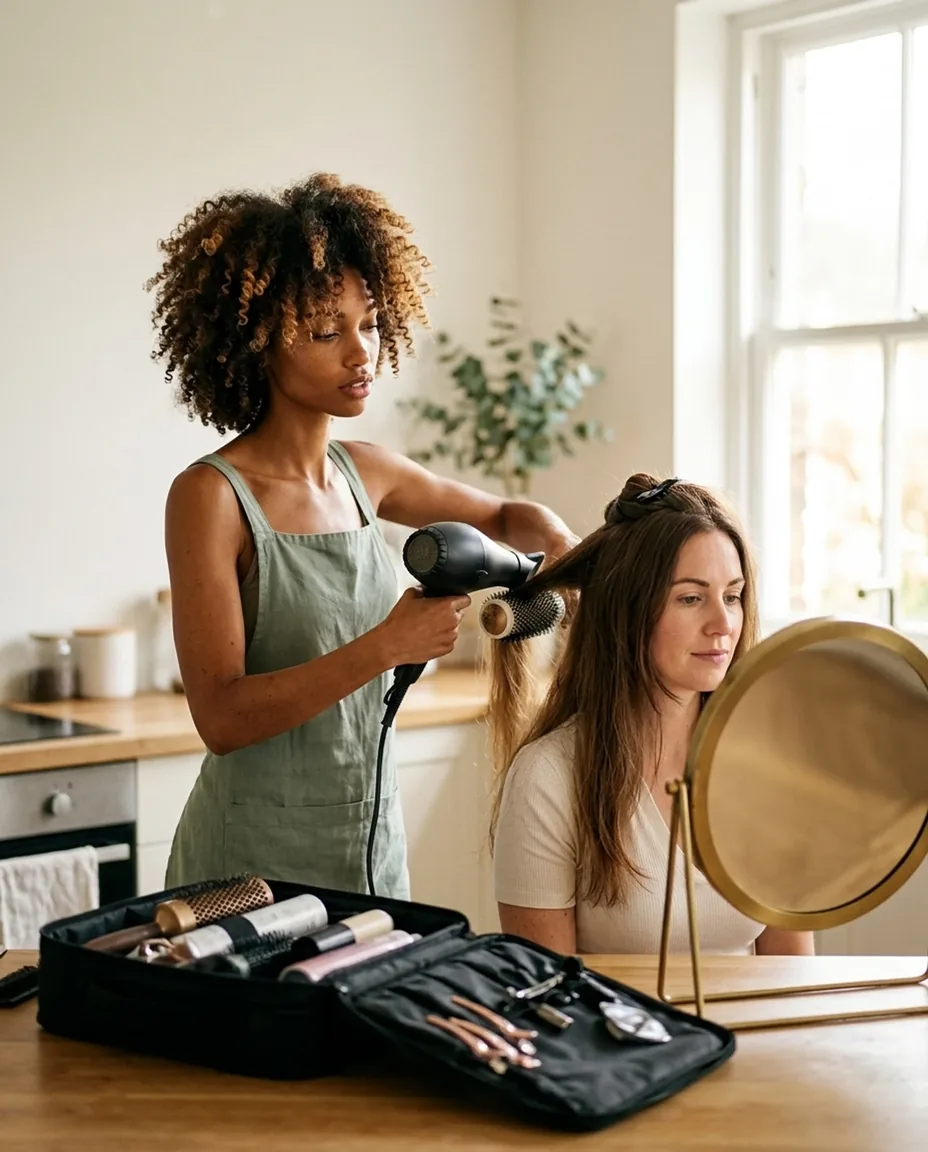 Mobile hair stylist styling a client's hair in a sunlit home