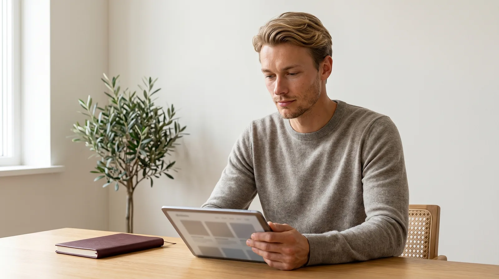 Consultant planning his website strategy on a tablet at a warm minimalist desk