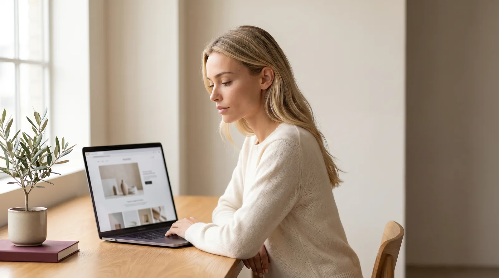 Female founder reviewing her new Squarespace website on a laptop in a calm, light-filled workspace