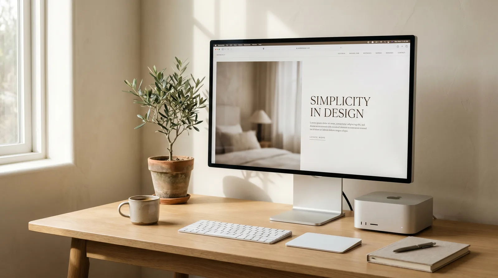 Premium Apple Pro Display XDR workstation showing a Squarespace website in a warm minimal SQSP studio