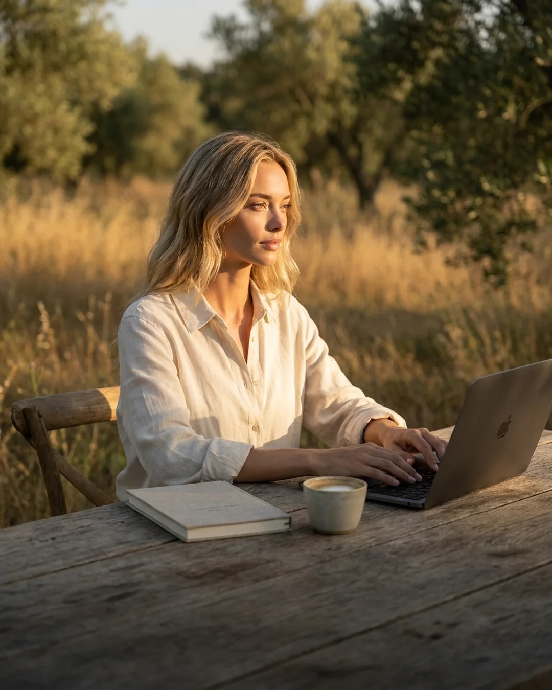 Female founder sharing her Squarespace website on a laptop at a sunlit outdoor table at golden hour
