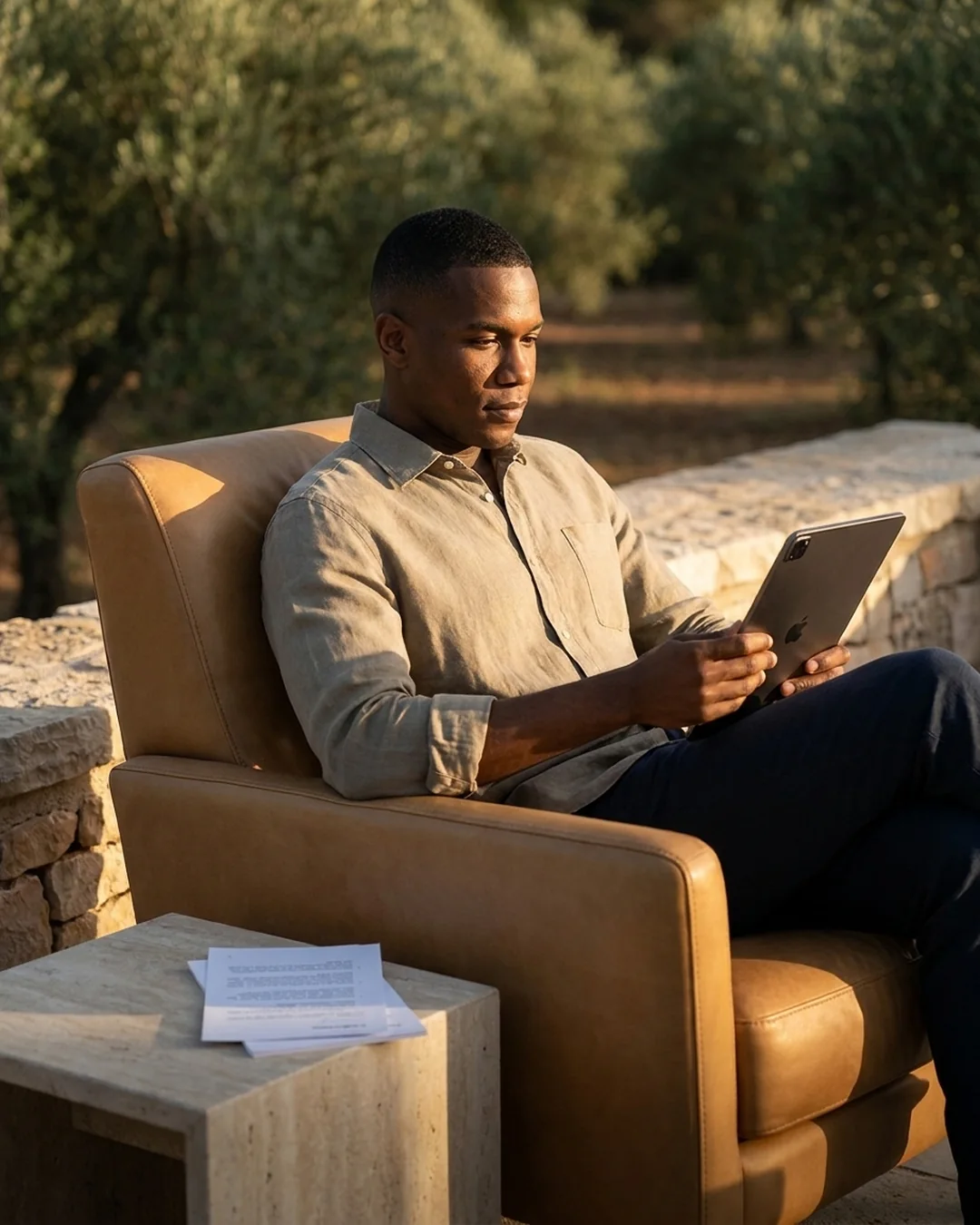 Business owner reviewing a website on a tablet in a leather armchair on a warm stone terrace at golden hour