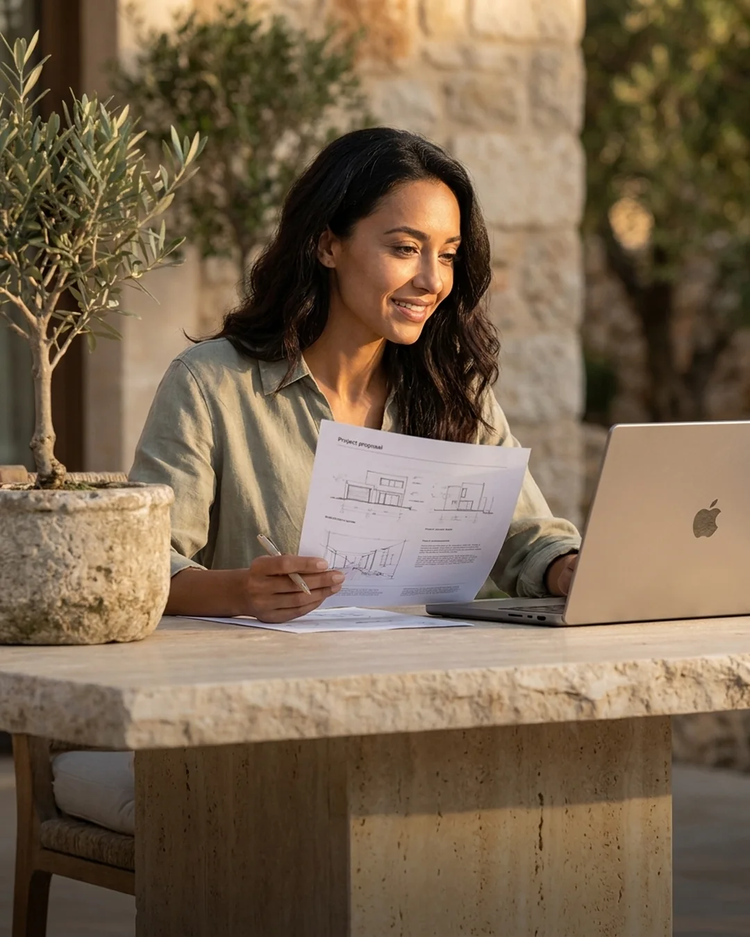 Business owner reviewing a project proposal and laptop at an outdoor table at golden hour