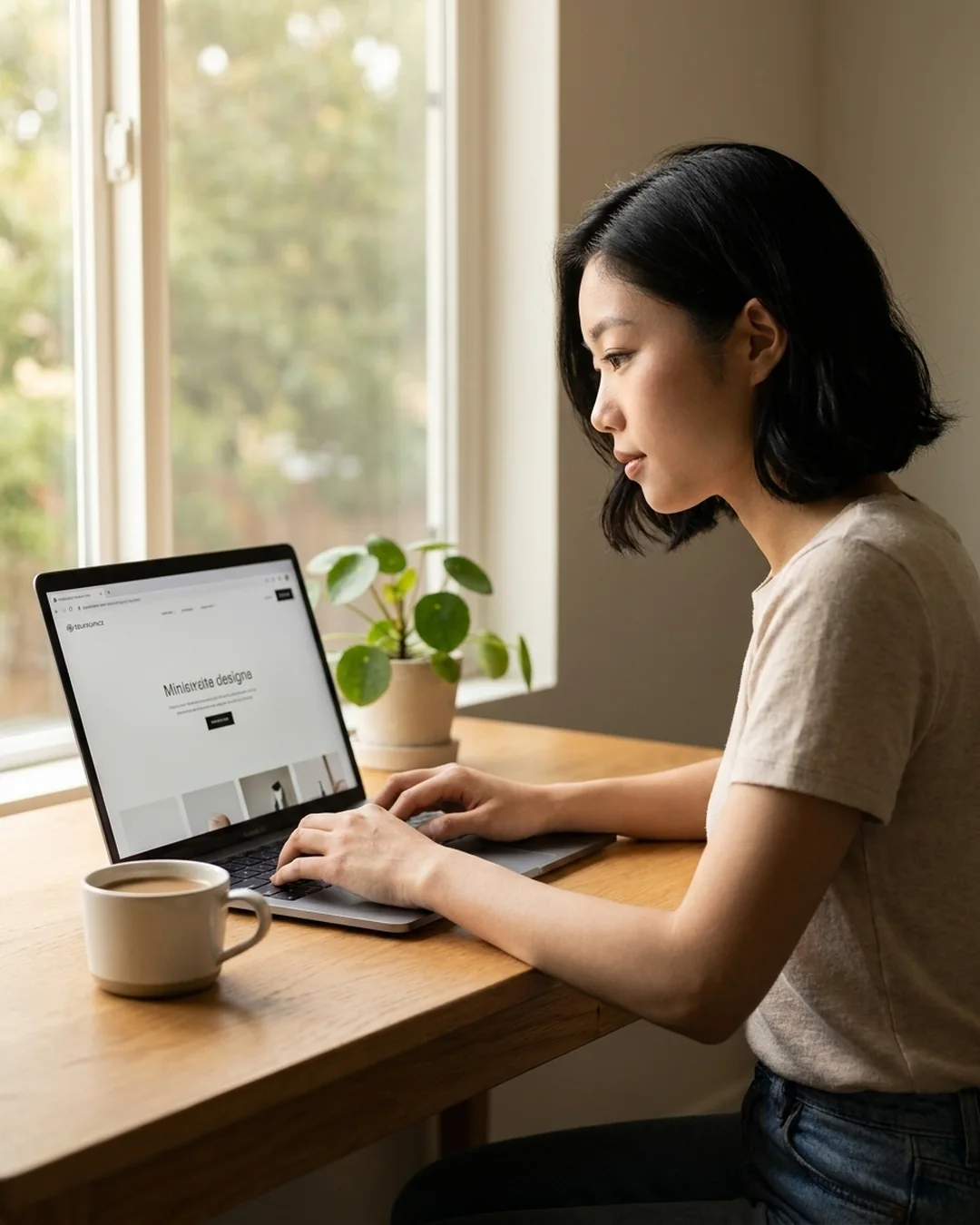 Designer building a clean Squarespace layout on a MacBook at a warm oak desk beside a sunlit window