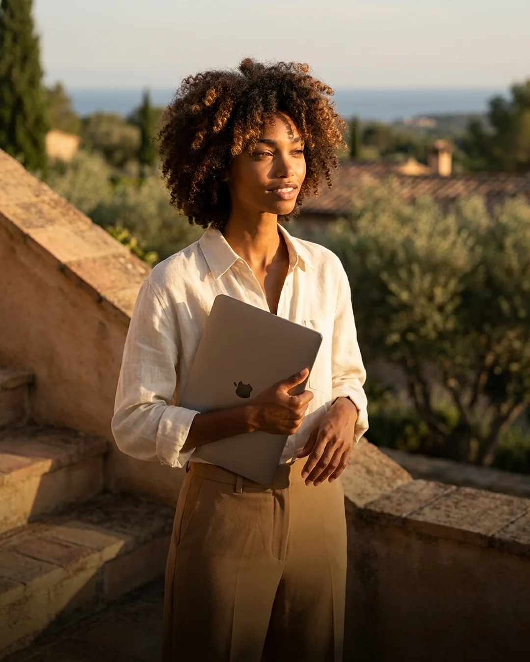 Founder standing on warm stone steps at golden hour as her finished Squarespace website goes live