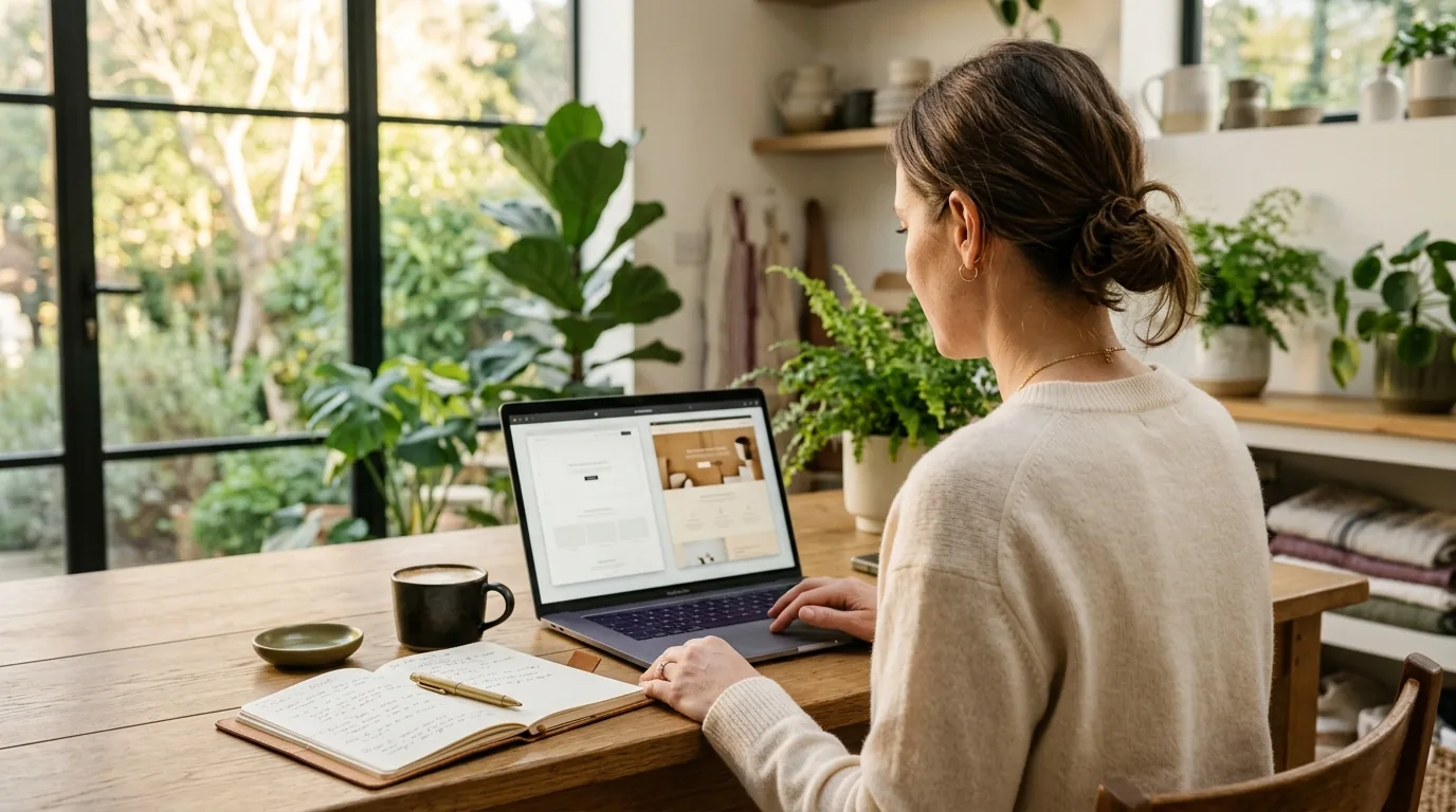 A founder planning her new business at a warm oak desk with a notebook and laptop