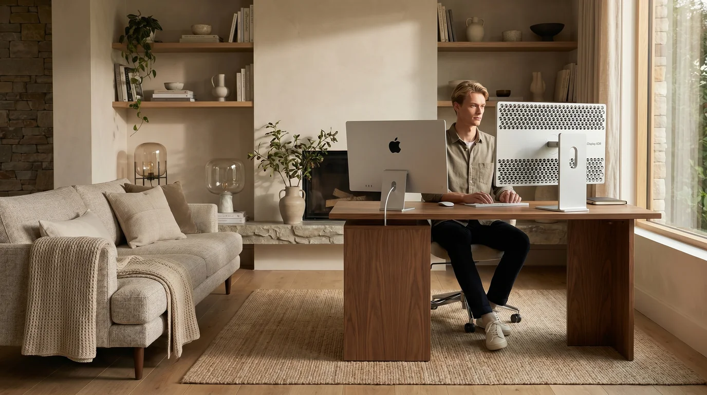 A founder working at a walnut desk with a large Apple display in a calm, warm, book-lined home office