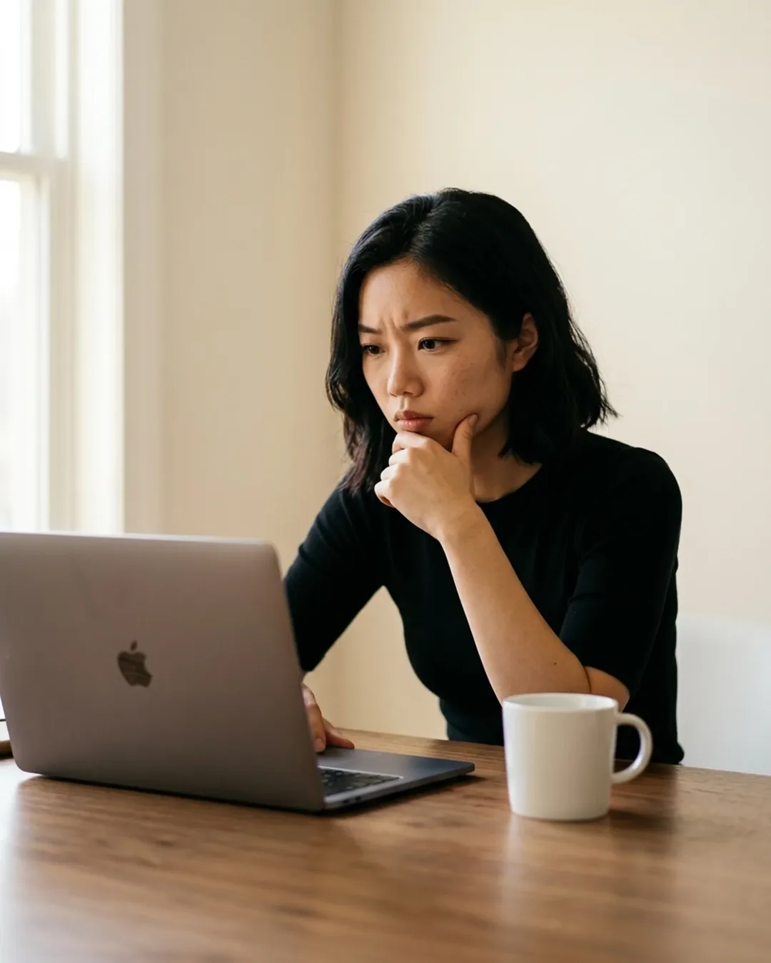 Business owner studying her website on a laptop, wondering why enquiries aren't coming through