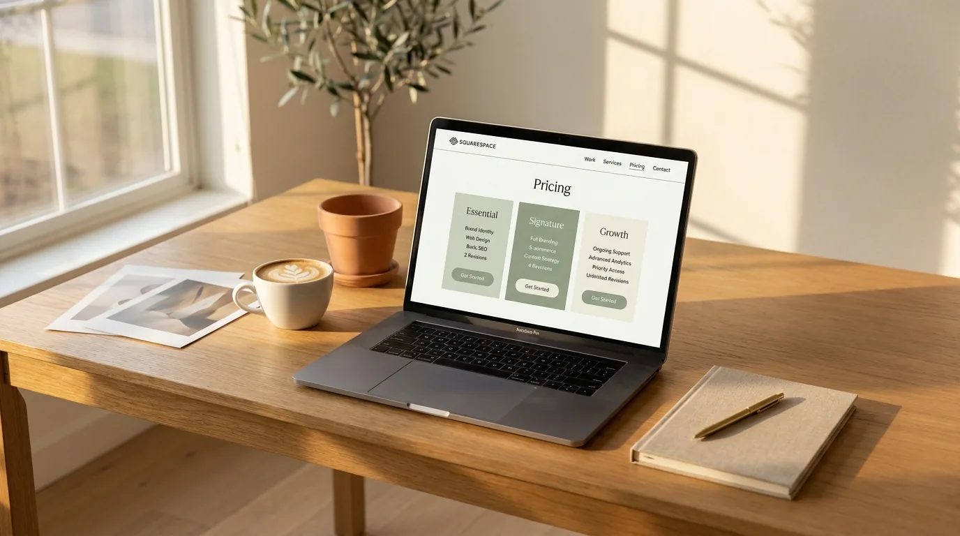 A Squarespace design agency website open on its pricing page, shown on a laptop in a sunlit studio
