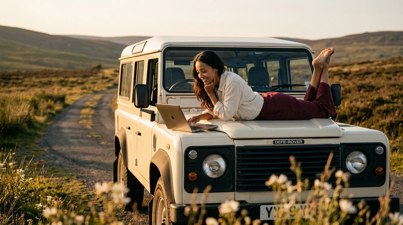 Business owner arriving by car on the coast, weighing up the cost of hiring a Squarespace designer