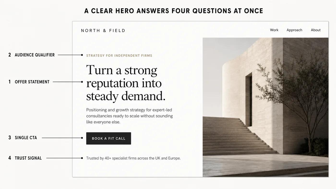 Annotated website hero showing the four elements of a clear above-the-fold section: offer statement, audience qualifier, single call to action and trust signal