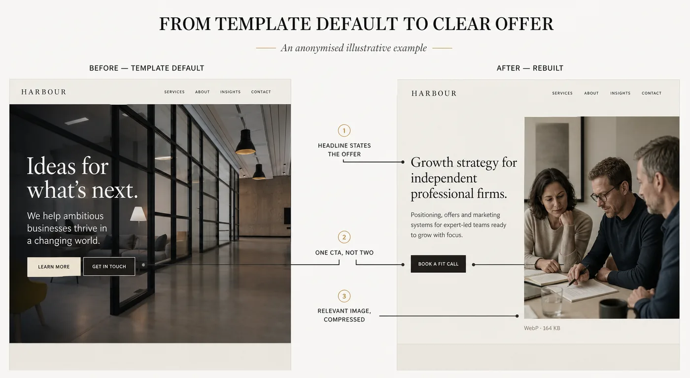 Before and after comparison of a website hero: the template default with a vague headline and two competing buttons, and the rebuilt version with a clear offer, one call to action and an optimised image