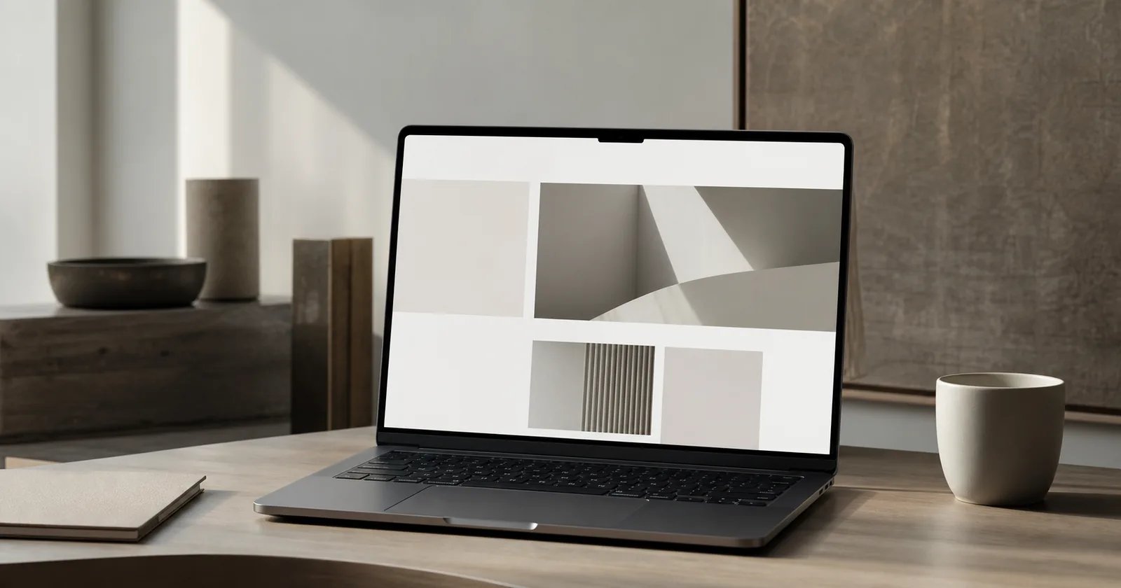 Laptop on a calm, ordered desk showing a restrained minimalist Squarespace layout in soft daylight