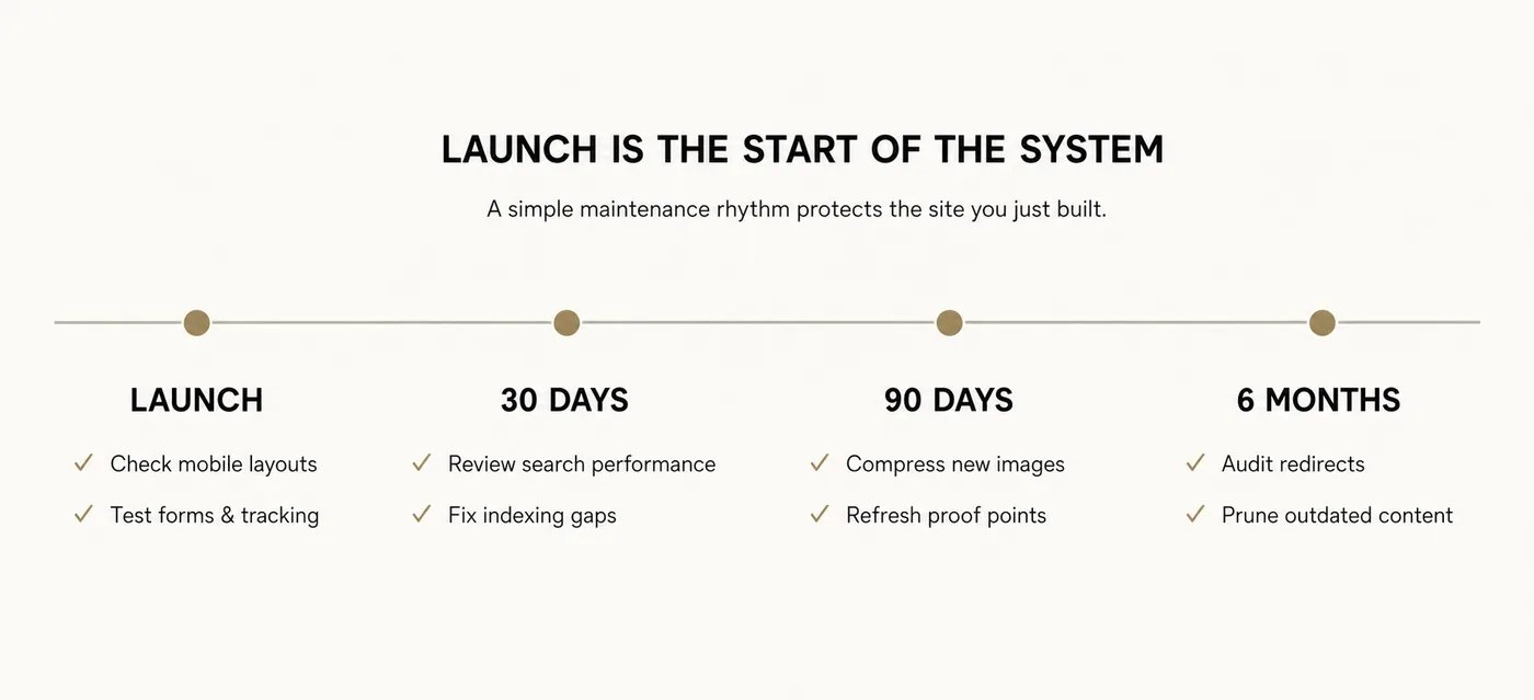 Post-launch website maintenance timeline showing checks at launch, 30 days, 90 days and 6 months